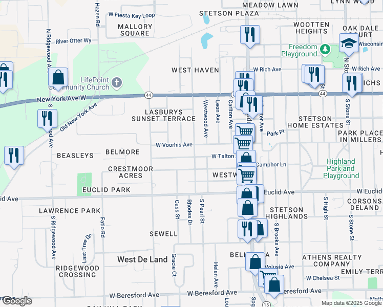 map of restaurants, bars, coffee shops, grocery stores, and more near 1183 West Talton Avenue in DeLand