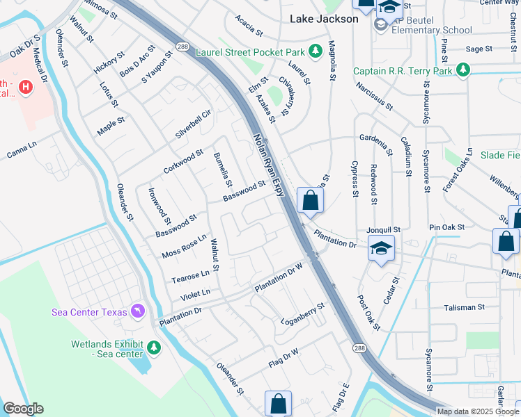 map of restaurants, bars, coffee shops, grocery stores, and more near 121 Basswood Street in Lake Jackson