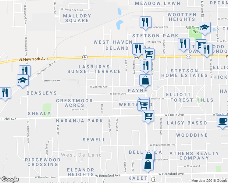 map of restaurants, bars, coffee shops, grocery stores, and more near 1183 West Talton Avenue in DeLand
