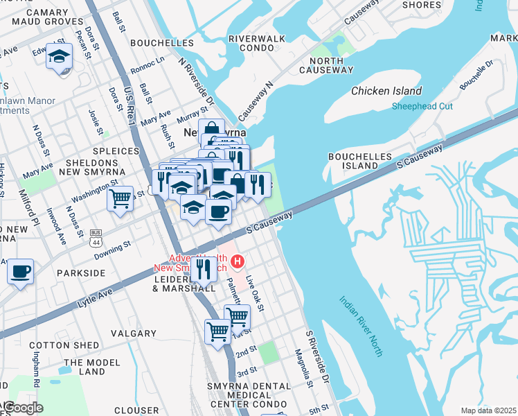 map of restaurants, bars, coffee shops, grocery stores, and more near 302 South Riverside Drive in New Smyrna Beach