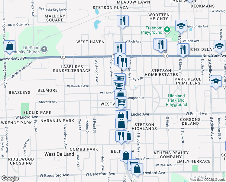 map of restaurants, bars, coffee shops, grocery stores, and more near 1013 West Talton Avenue in DeLand