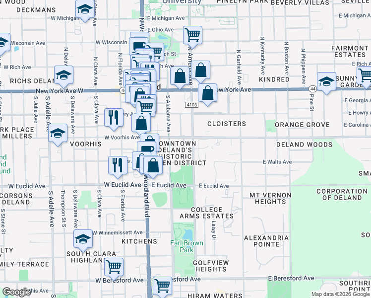 map of restaurants, bars, coffee shops, grocery stores, and more near in DeLand