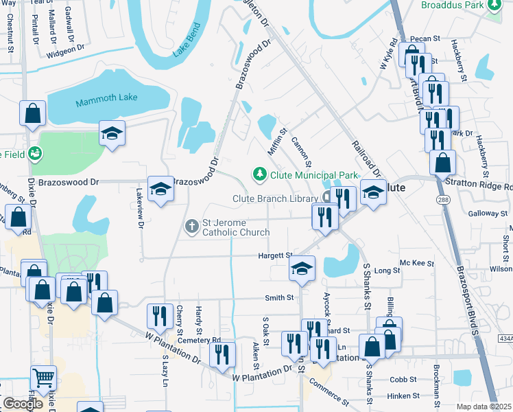 map of restaurants, bars, coffee shops, grocery stores, and more near 210 Emerald Dr in Clute