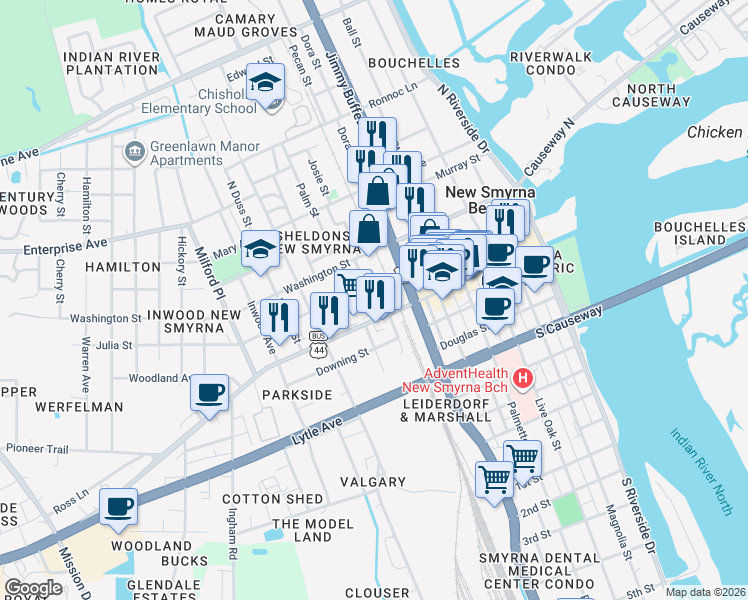 map of restaurants, bars, coffee shops, grocery stores, and more near 111 Dimmick Street in New Smyrna Beach