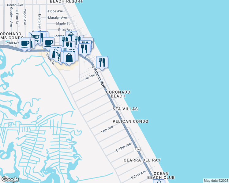 map of restaurants, bars, coffee shops, grocery stores, and more near 2001 Hill Street in New Smyrna Beach