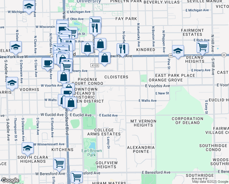map of restaurants, bars, coffee shops, grocery stores, and more near 430 East Voorhis Avenue in DeLand