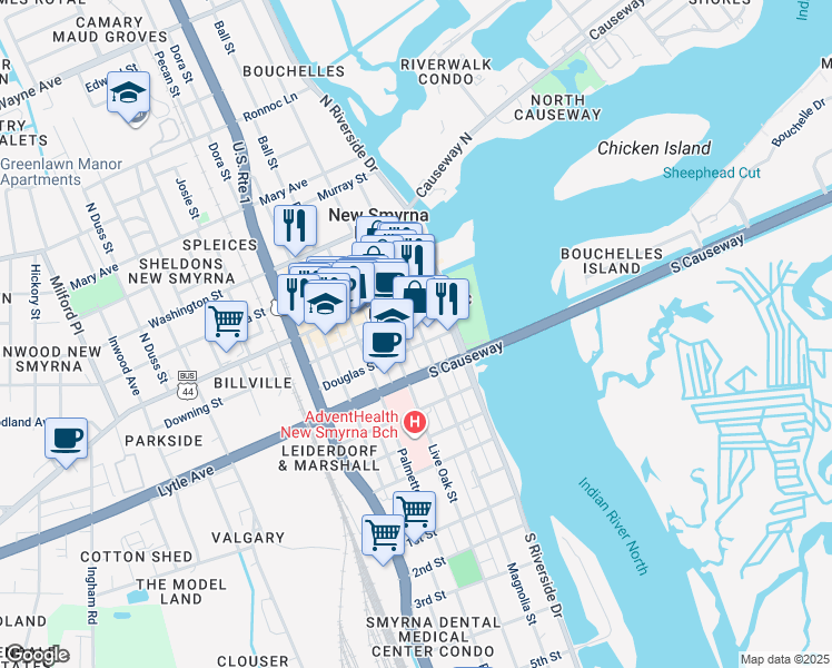 map of restaurants, bars, coffee shops, grocery stores, and more near 210 Magnolia Street in New Smyrna Beach
