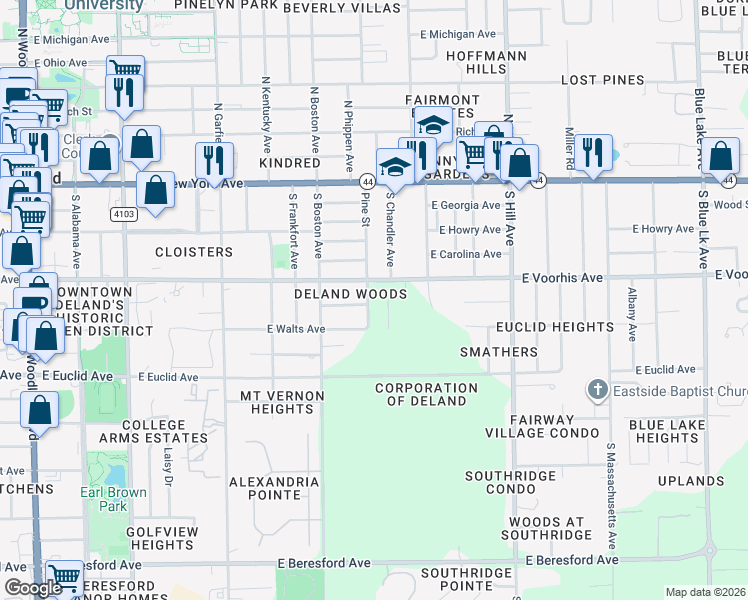 map of restaurants, bars, coffee shops, grocery stores, and more near 795 East New Street in DeLand