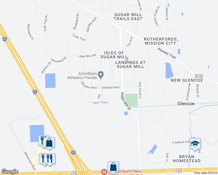 map of restaurants, bars, coffee shops, grocery stores, and more near 2951 Gibraltar Boulevard in New Smyrna Beach