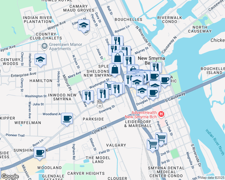map of restaurants, bars, coffee shops, grocery stores, and more near 111 Dimmick Street in New Smyrna Beach