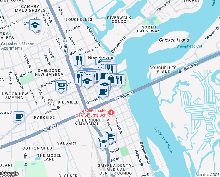 map of restaurants, bars, coffee shops, grocery stores, and more near 210 Magnolia Street in New Smyrna Beach