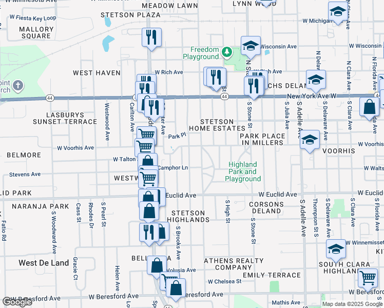 map of restaurants, bars, coffee shops, grocery stores, and more near 310 South Montgomery Avenue in DeLand