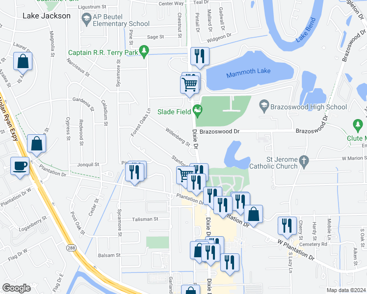 map of restaurants, bars, coffee shops, grocery stores, and more near 105 Dixie Drive in Lake Jackson