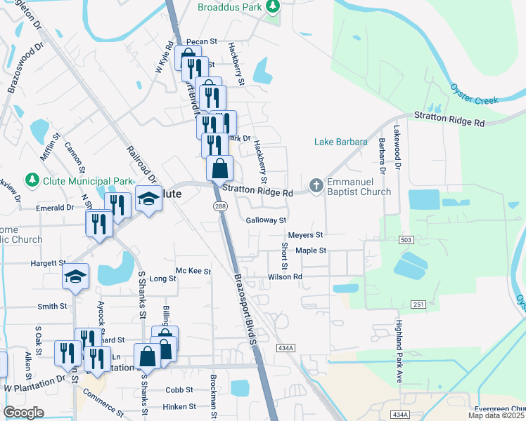 map of restaurants, bars, coffee shops, grocery stores, and more near 215 Stratton Ridge Road in Clute