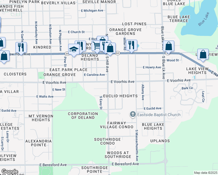 map of restaurants, bars, coffee shops, grocery stores, and more near 311 South Hill Avenue in DeLand