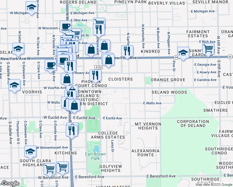 map of restaurants, bars, coffee shops, grocery stores, and more near 430 East Voorhis Avenue in DeLand