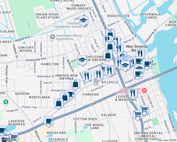 map of restaurants, bars, coffee shops, grocery stores, and more near 216 North Duss Street in New Smyrna Beach