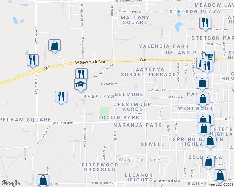 map of restaurants, bars, coffee shops, grocery stores, and more near 1665 Beasley Drive in DeLand