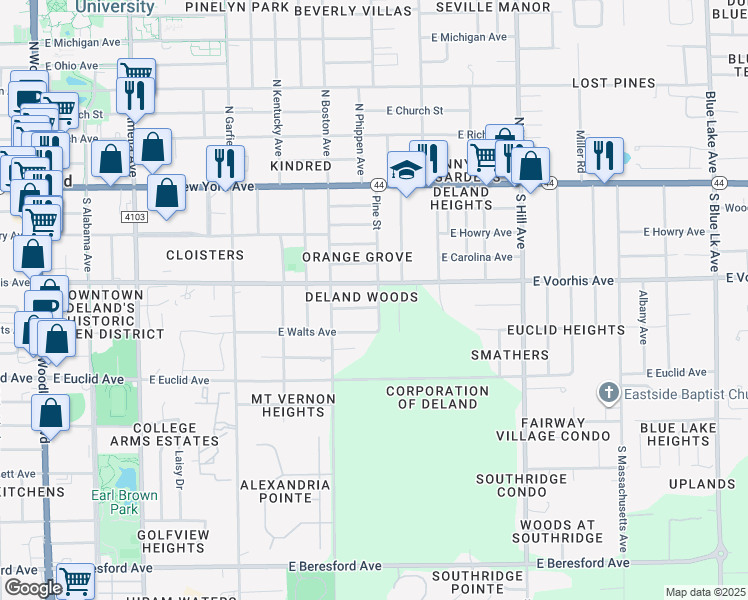 map of restaurants, bars, coffee shops, grocery stores, and more near 795 East New Street in DeLand