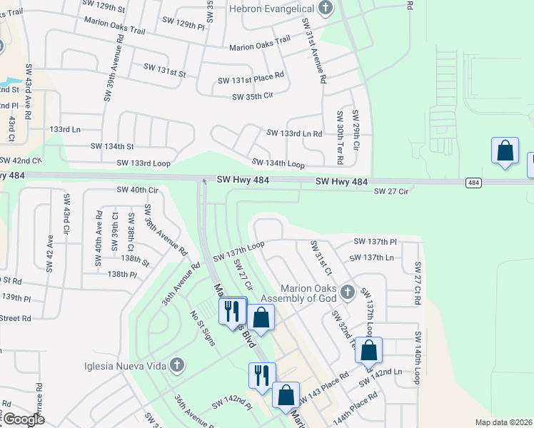 map of restaurants, bars, coffee shops, grocery stores, and more near 13645 Southwest 33rd Circle in Ocala