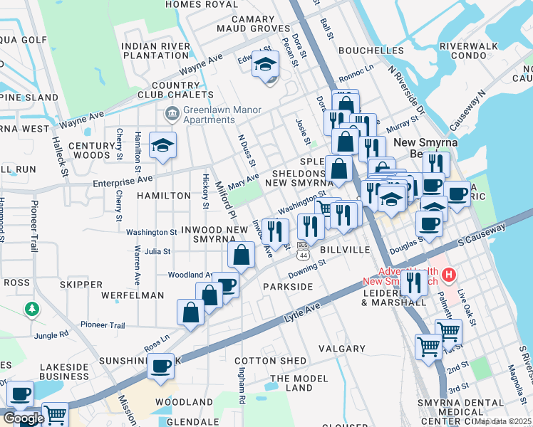 map of restaurants, bars, coffee shops, grocery stores, and more near 703 Washington Street in New Smyrna Beach