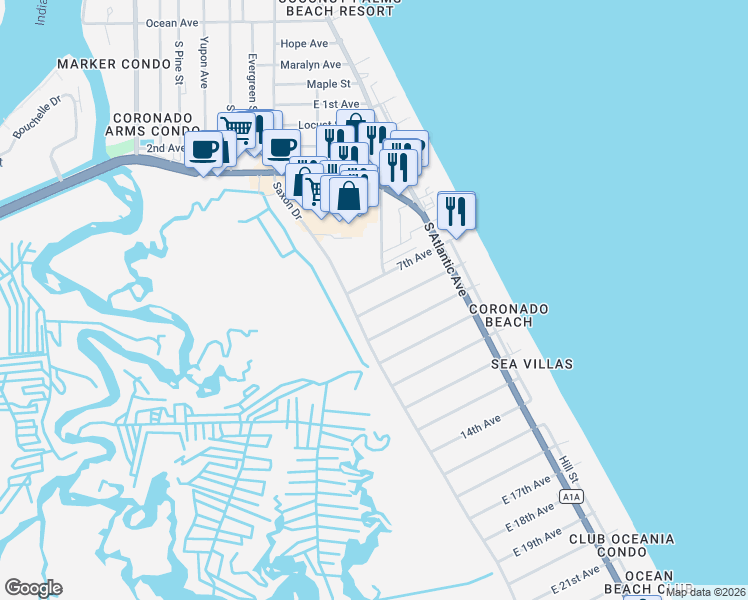 map of restaurants, bars, coffee shops, grocery stores, and more near 805 8th Avenue in New Smyrna Beach