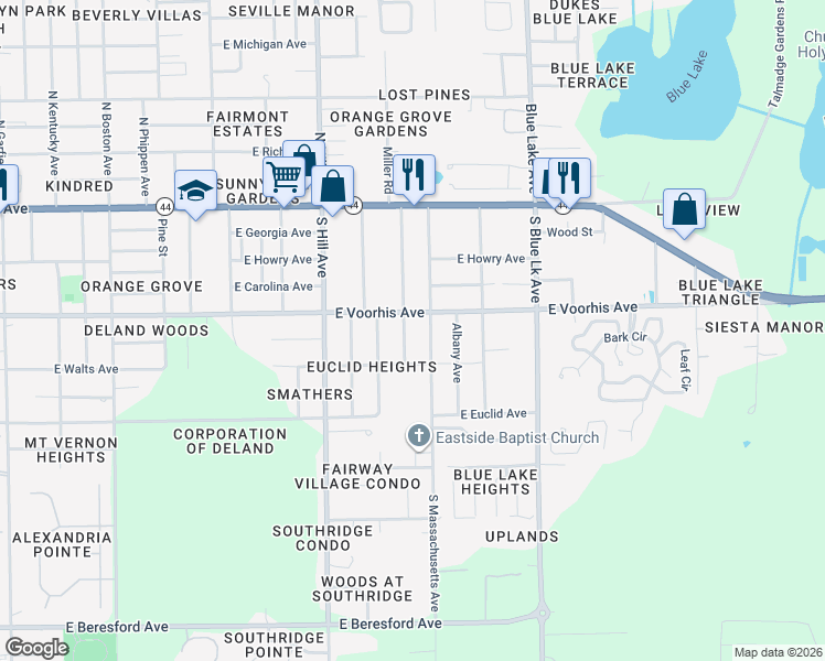 map of restaurants, bars, coffee shops, grocery stores, and more near 321 Winslow Avenue in DeLand