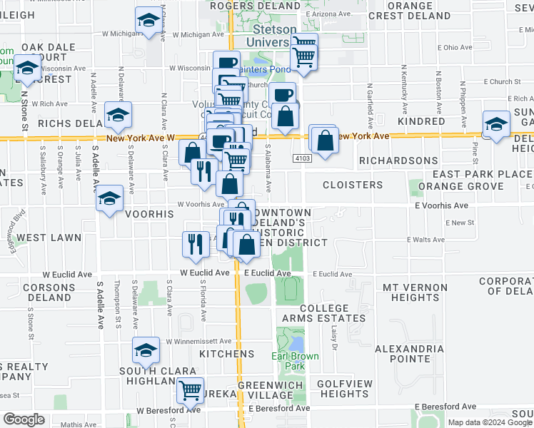 map of restaurants, bars, coffee shops, grocery stores, and more near 312 South Alabama Avenue in DeLand