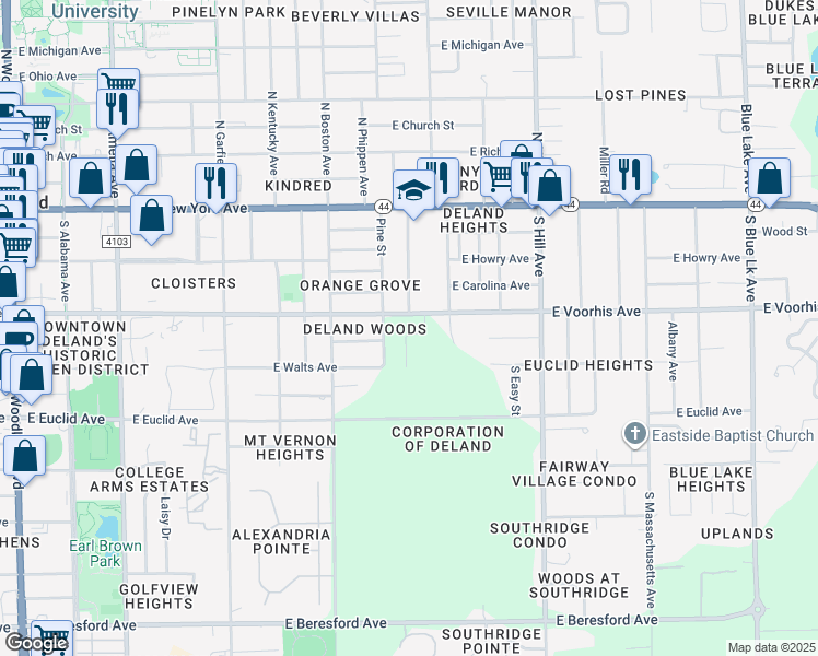 map of restaurants, bars, coffee shops, grocery stores, and more near 795 East New Street in DeLand