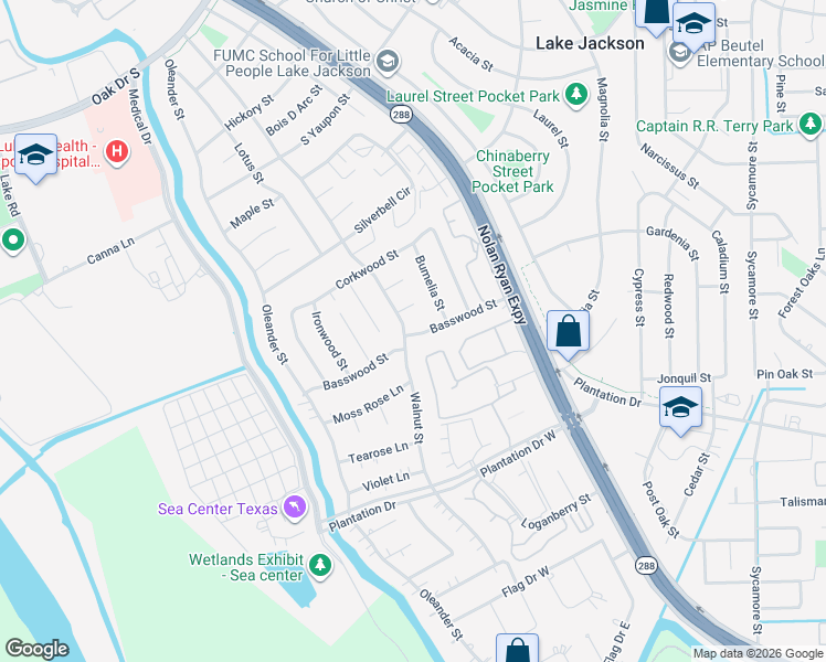 map of restaurants, bars, coffee shops, grocery stores, and more near 202 Basswood Street in Lake Jackson