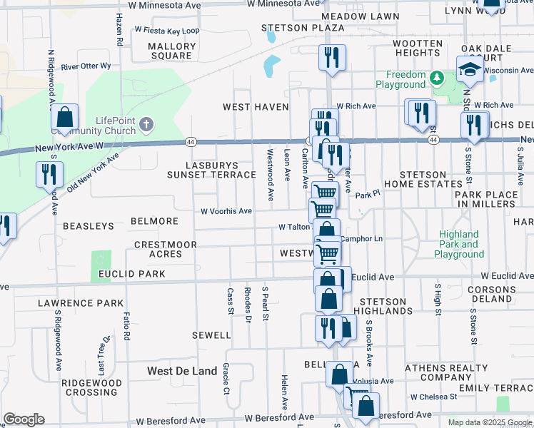 map of restaurants, bars, coffee shops, grocery stores, and more near 1220 West Voorhis Avenue in DeLand