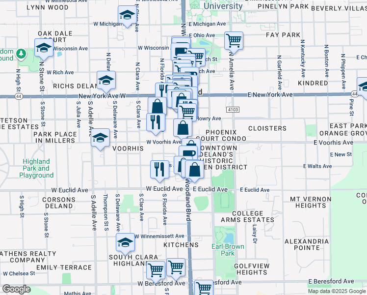 map of restaurants, bars, coffee shops, grocery stores, and more near 331 South Woodland Boulevard in DeLand