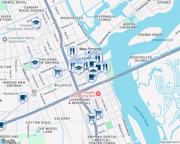 map of restaurants, bars, coffee shops, grocery stores, and more near 312 Downing Street in New Smyrna Beach