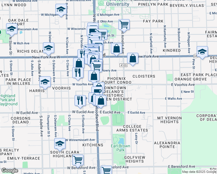 map of restaurants, bars, coffee shops, grocery stores, and more near 326 South Alabama Avenue in DeLand