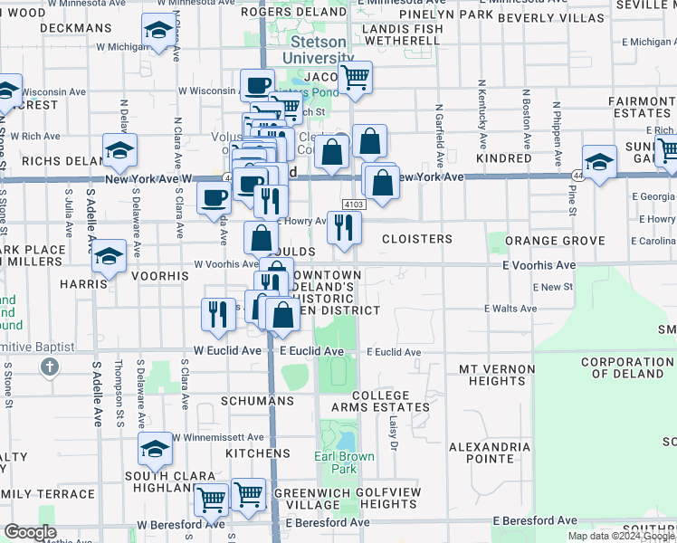 map of restaurants, bars, coffee shops, grocery stores, and more near in DeLand