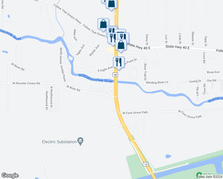 map of restaurants, bars, coffee shops, grocery stores, and more near 11070 North Suncoast Boulevard in Inglis