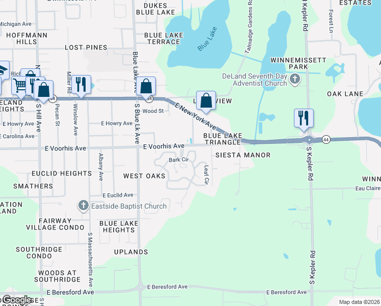 map of restaurants, bars, coffee shops, grocery stores, and more near 408 Bark Circle in DeLand
