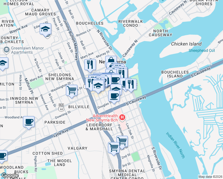 map of restaurants, bars, coffee shops, grocery stores, and more near 231 Canal Street in New Smyrna Beach