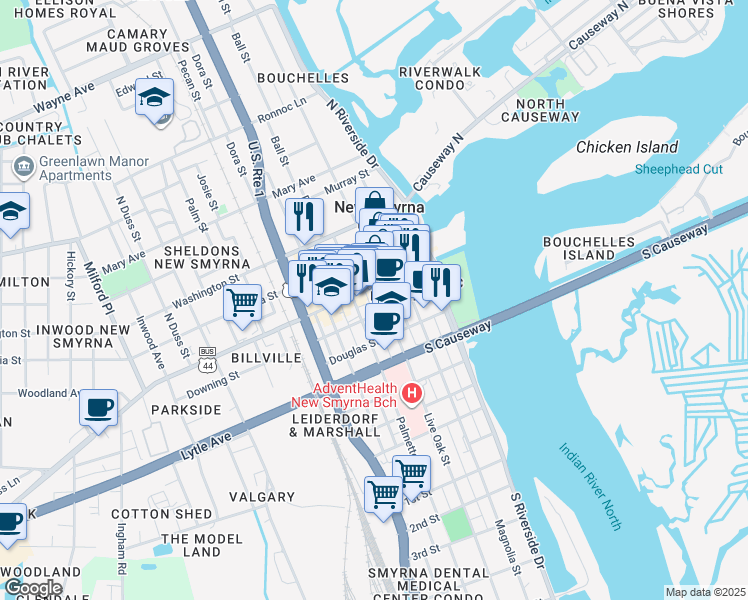 map of restaurants, bars, coffee shops, grocery stores, and more near 231 Canal Street in New Smyrna Beach