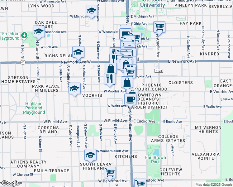 map of restaurants, bars, coffee shops, grocery stores, and more near 125 West Voorhis Avenue in DeLand