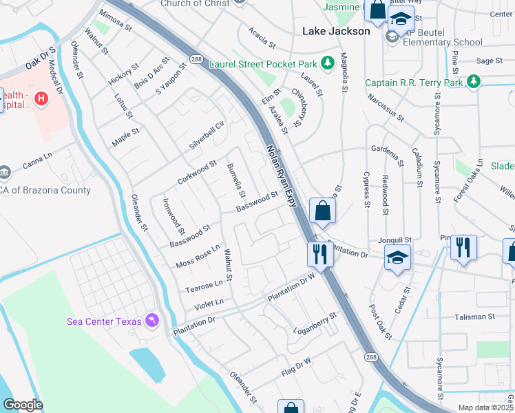 map of restaurants, bars, coffee shops, grocery stores, and more near 121 Basswood Street in Lake Jackson