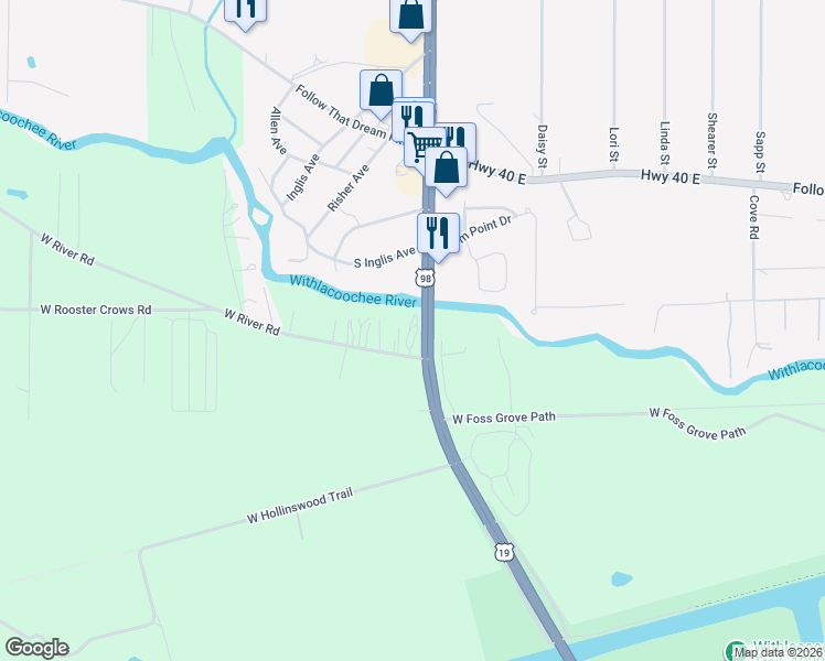 map of restaurants, bars, coffee shops, grocery stores, and more near 14035 West River Road in Inglis