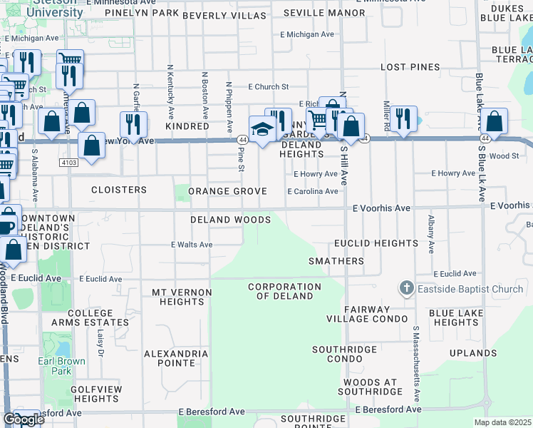map of restaurants, bars, coffee shops, grocery stores, and more near 230 South Chandler Avenue in DeLand