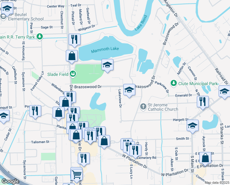 map of restaurants, bars, coffee shops, grocery stores, and more near 301 Brazoswood Drive in Clute