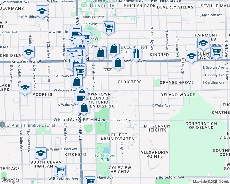 map of restaurants, bars, coffee shops, grocery stores, and more near 313 East Voorhis Avenue in DeLand