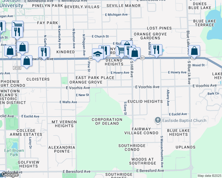 map of restaurants, bars, coffee shops, grocery stores, and more near 912 East Voorhis Avenue in DeLand