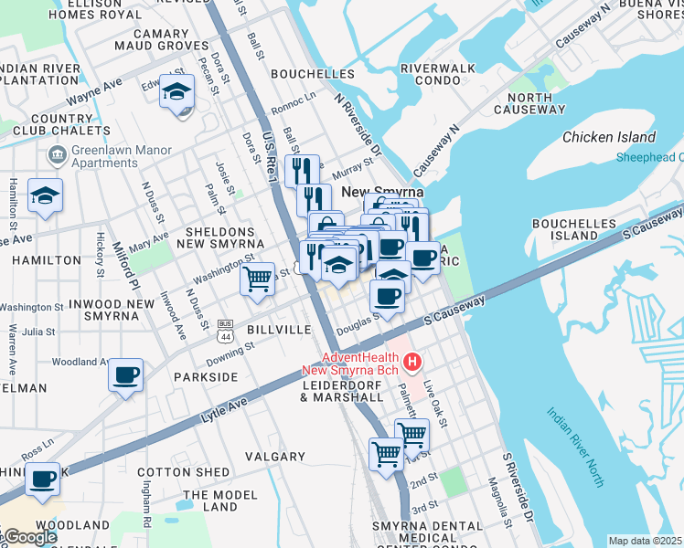 map of restaurants, bars, coffee shops, grocery stores, and more near 405 Canal Street in New Smyrna Beach