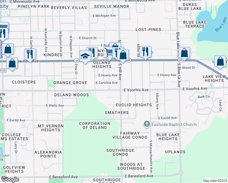 map of restaurants, bars, coffee shops, grocery stores, and more near 1010 East Voorhis Avenue in DeLand