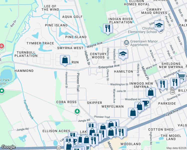 map of restaurants, bars, coffee shops, grocery stores, and more near 1850 Enterprise Avenue in New Smyrna Beach