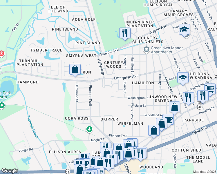map of restaurants, bars, coffee shops, grocery stores, and more near 1816 Enterprise Avenue in New Smyrna Beach